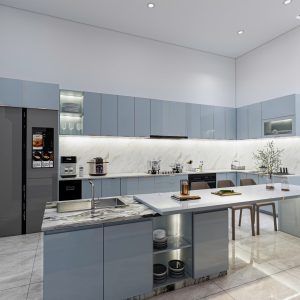 Mẫu Tủ Bếp chữ L kết hợp quầy đảo - Inox